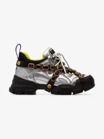 Silver Flashtrek chunky leather crystal embellished sneakers